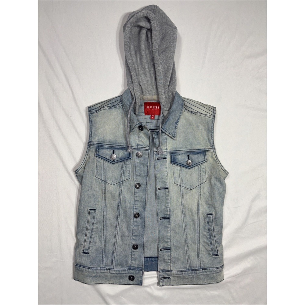 Guess Denim Vest Womens Medium Hooded Light Wash Blue Button Up Vintage 90s